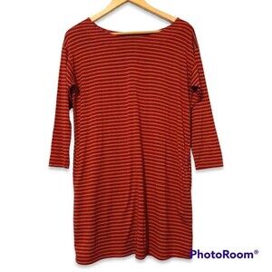 Bobeau Medium Striped Tunic Dress -Red & Tan-Pockets -3/4 Sleeve-Made In USA